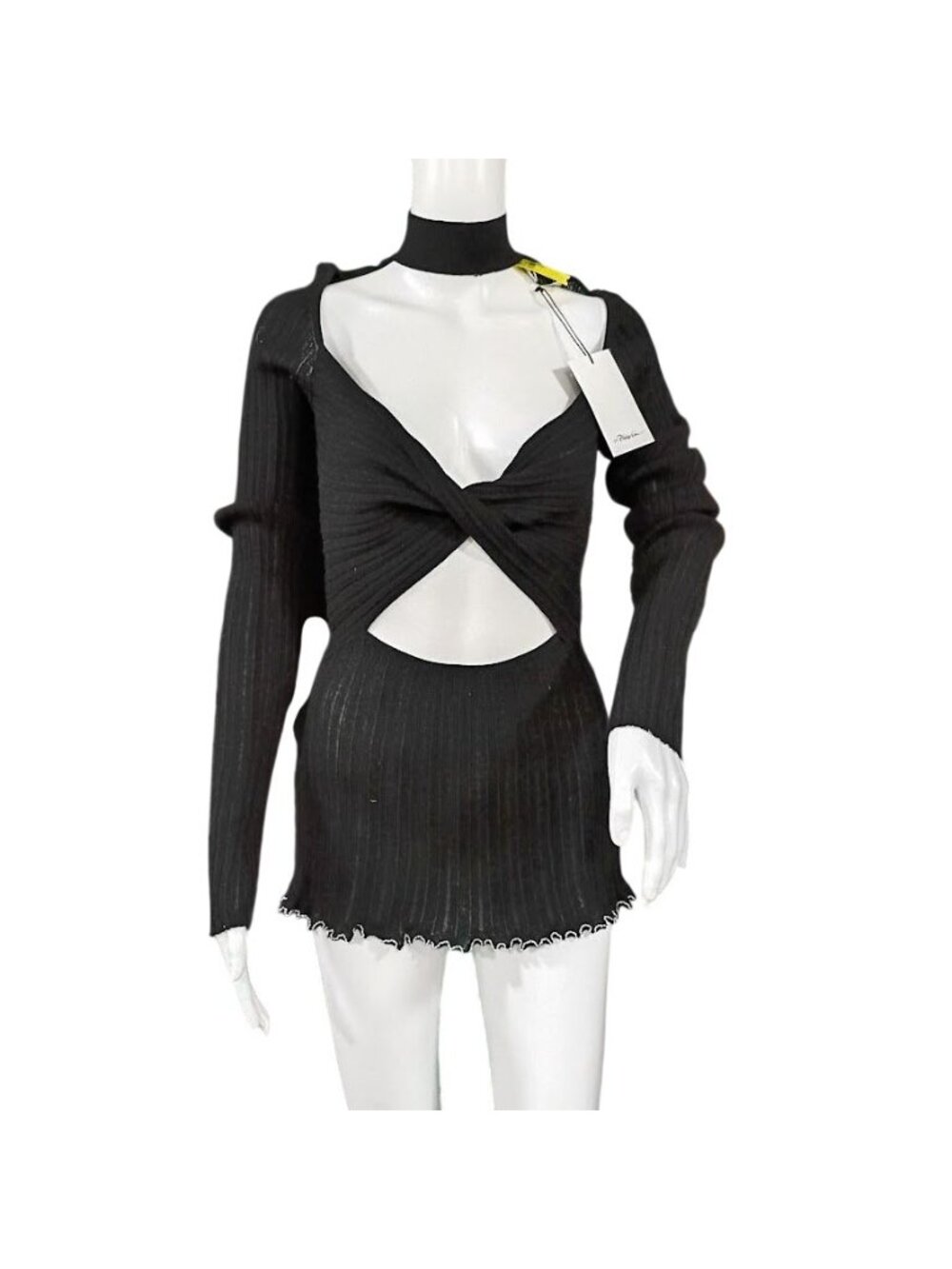 3.1 Phillip Lim Black Ribbed Twist-Front Turtleneck Long Sleeve Top Size L - Picture 4 of 15